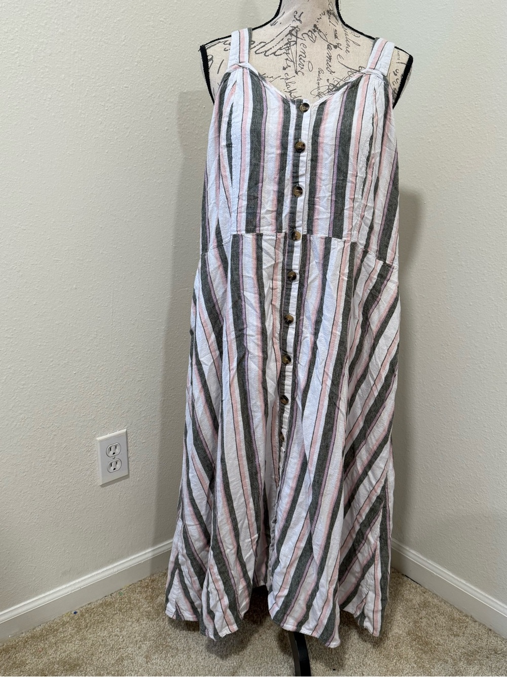 Terra & Sky Striped Button-Front Sleeveless dress in White, Pink & Gray
